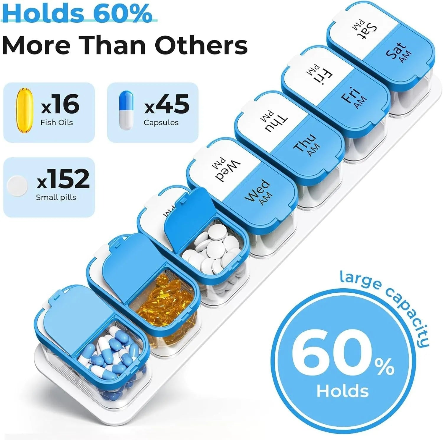 Amazon pill box with 14 removable compartments in white colour showing 1L capacity and portable design