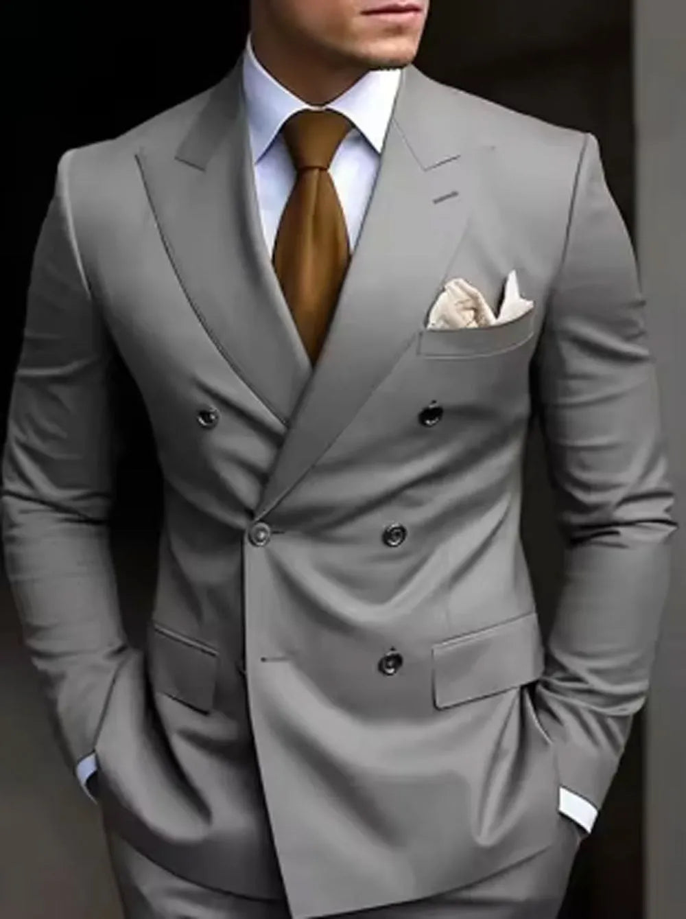 Men's grey Korean slim fit two-piece business suit with jacket and trousers