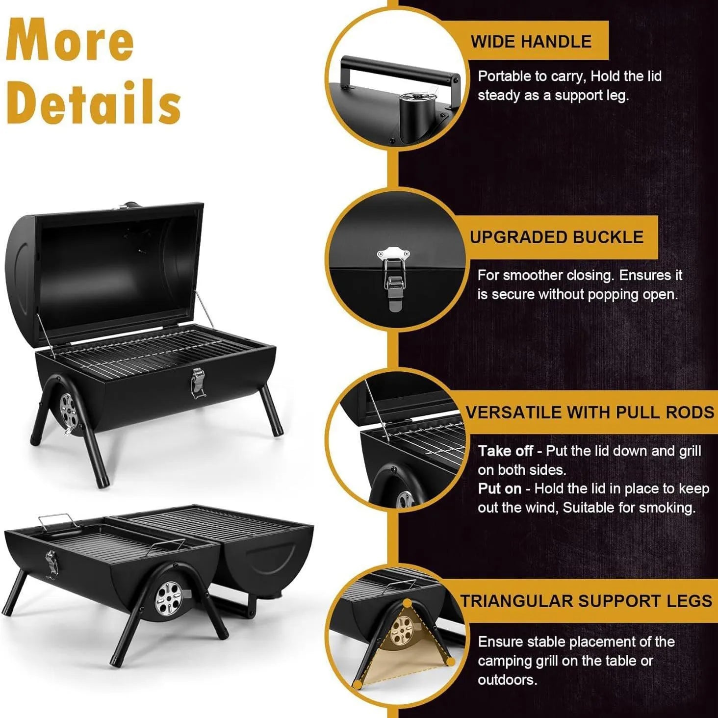 Small folding desktop charcoal barbecue grill with smoking device and metal cooking grill