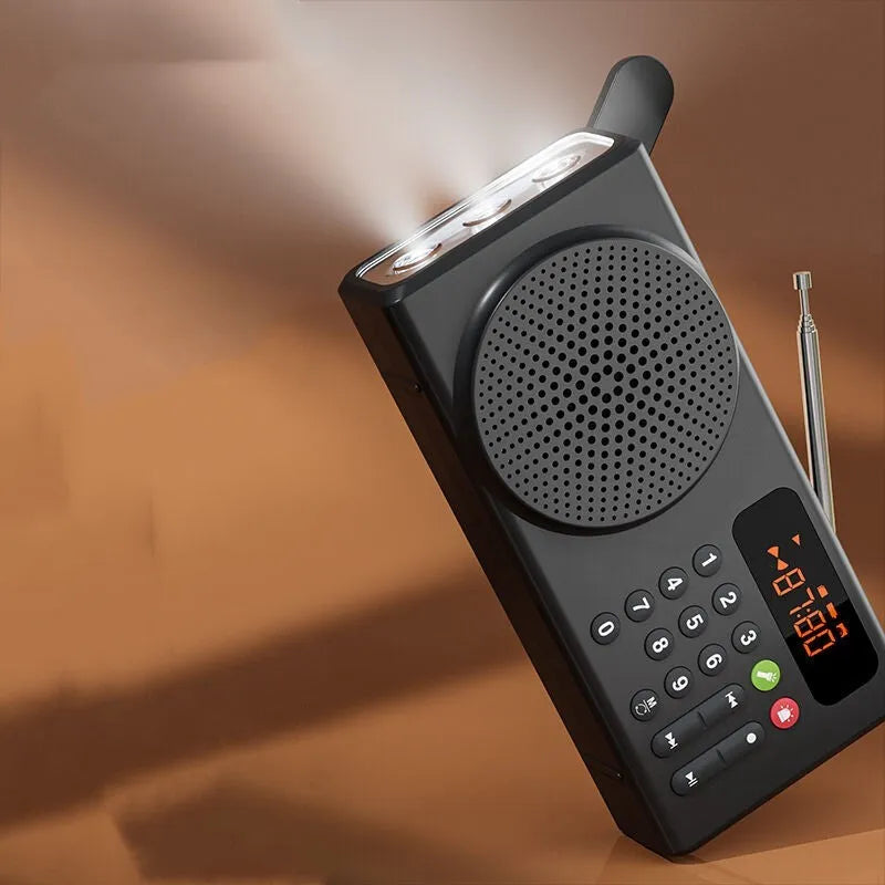 V70 portable emergency radio in white with buttons and speaker grille, showing Bluetooth and FM modes, 160x46x76mm size