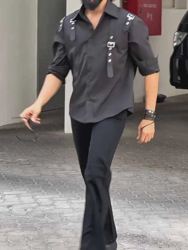 Men's black utility-style button-up shirt with regular fit on mannequin