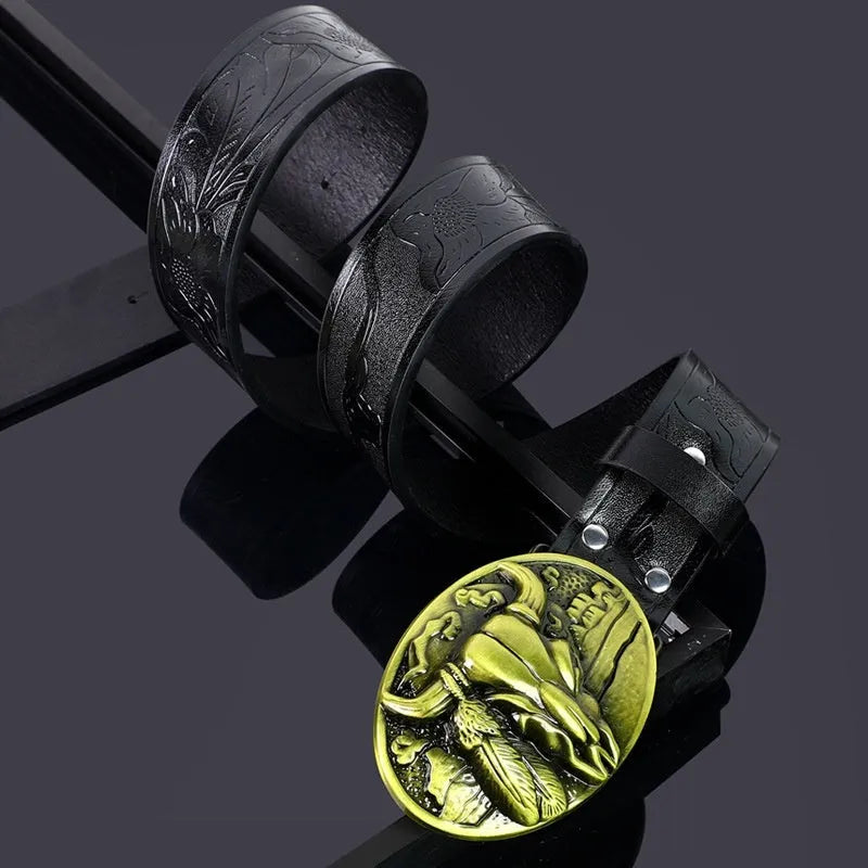 Men's black imitation leather belt with a detailed silver alloy cow head buckle and pin buckle fastening.
