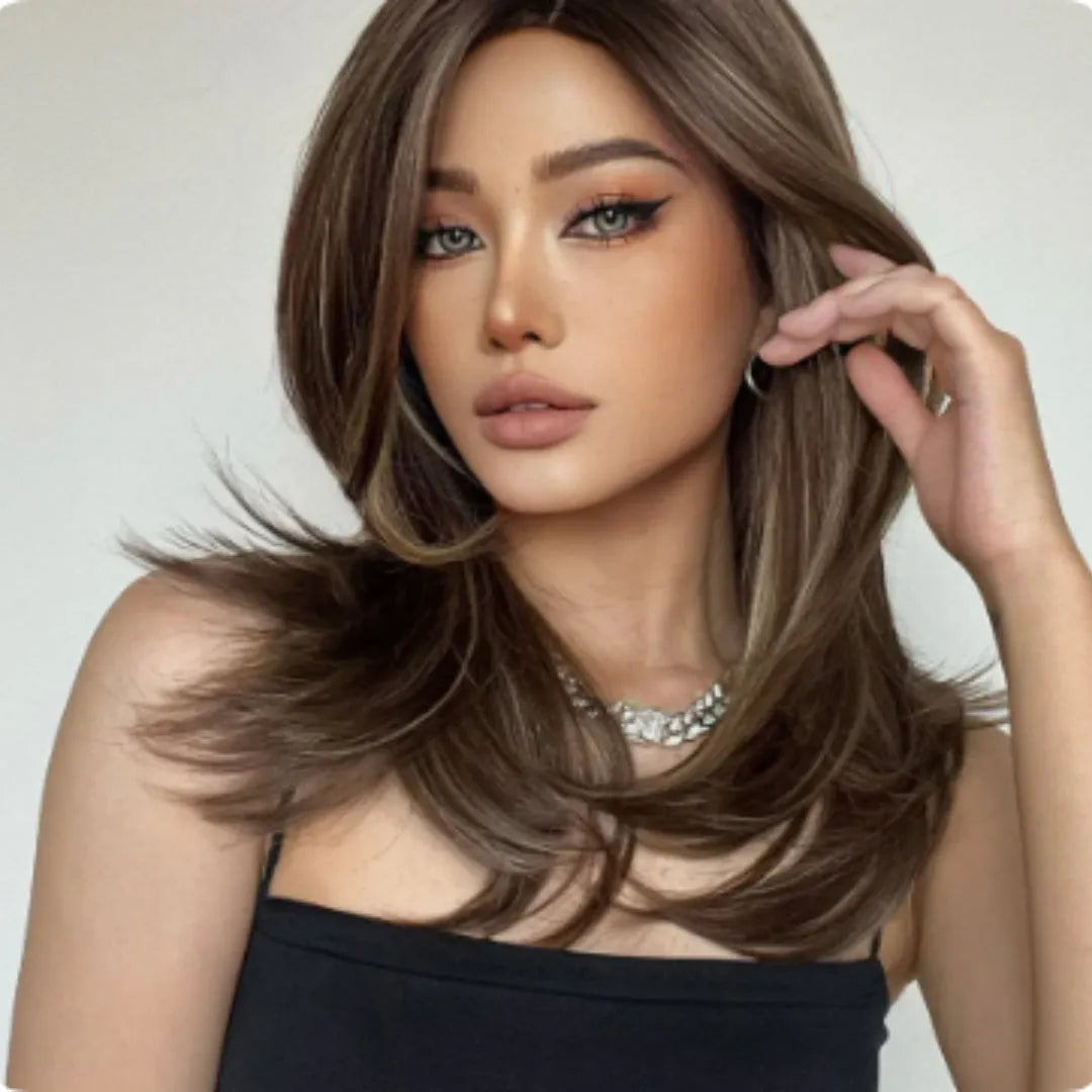 Mid-length curly synthetic wig with long bangs in gradient white gold, wine red, and brown colours