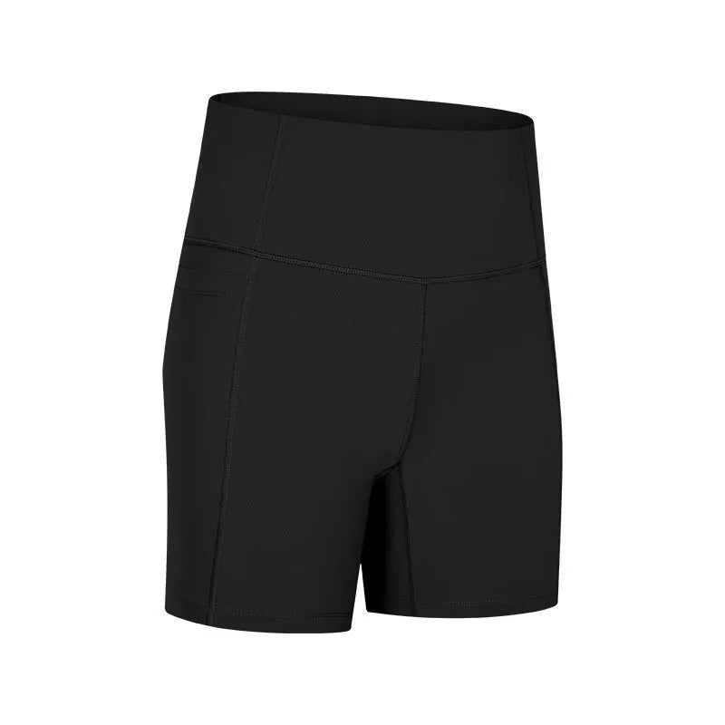 Women's black cotton blend super stretch sports shorts with mid-rise waist and short length.
