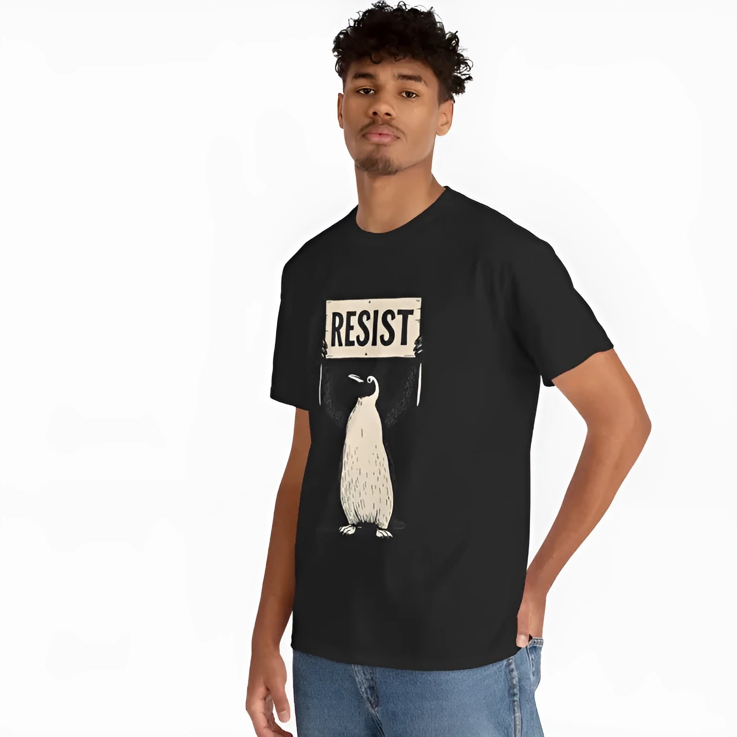 Loose-fit short-sleeve cotton t-shirt in black, shown on a model, with a round neckline.