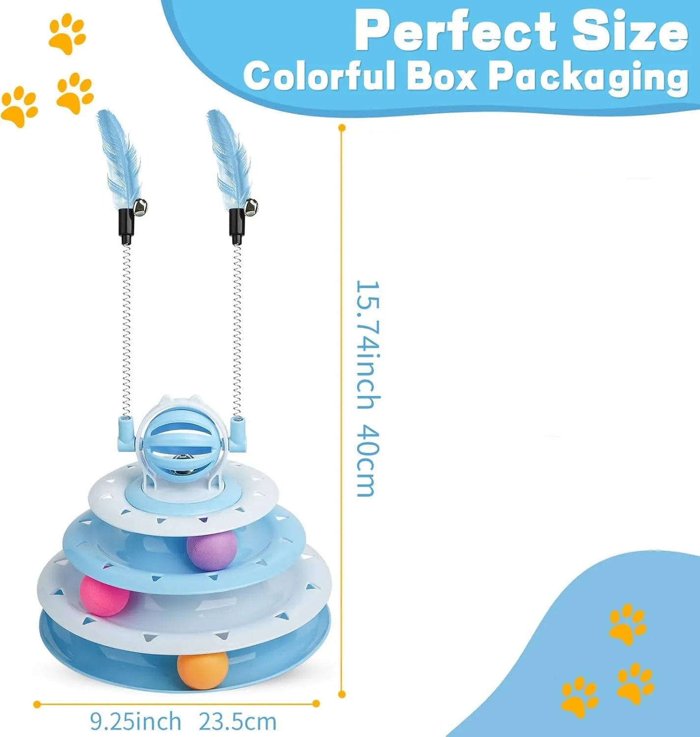 Blue 4-tier interactive cat carousel toy with coloured balls and teasing rods