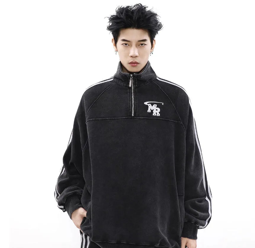 Black stand collar hoodie with long sleeves and Hong Kong style design