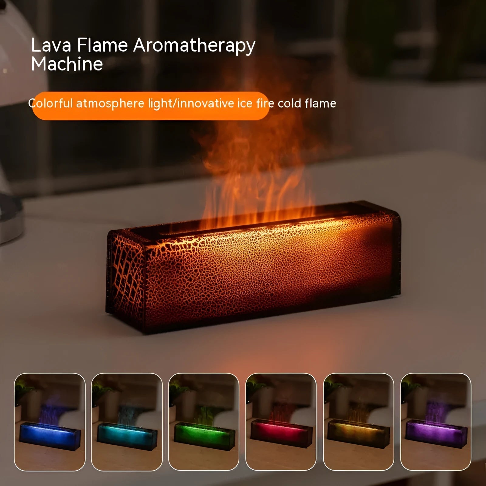 Square black lava flame aroma diffuser humidifier with USB cable on desktop