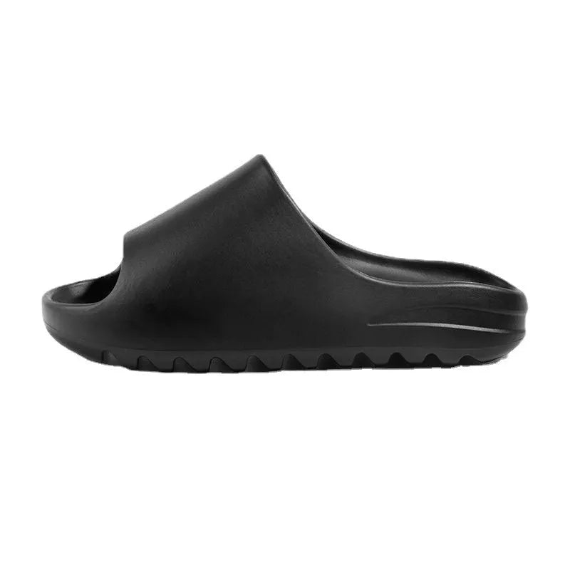 Women's thick-soled beach slippers in beige, black, brown, and green colours with injection moulded EVA construction.
