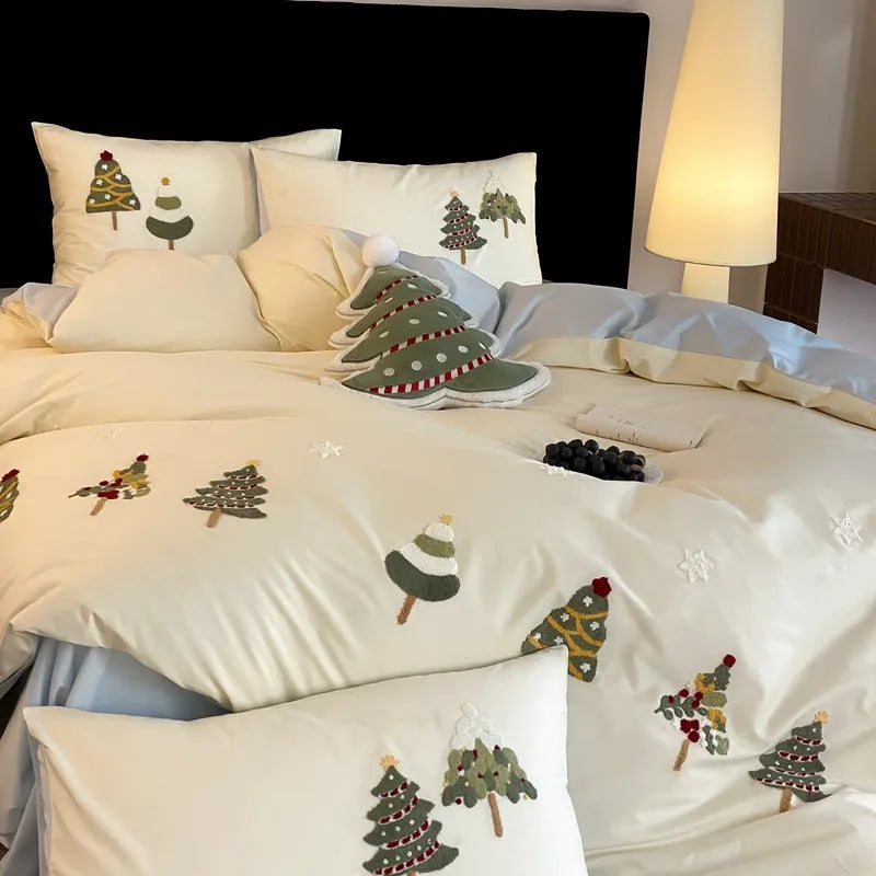 Christmas tree towel embroidery on pure cotton four-piece bedding set in cream blue or green colours