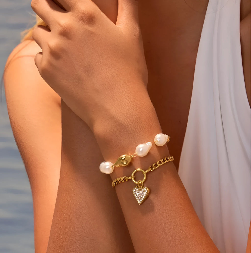 Fashion 18K stainless steel heart shape bracelet with baroque pearl and diamond accent for women