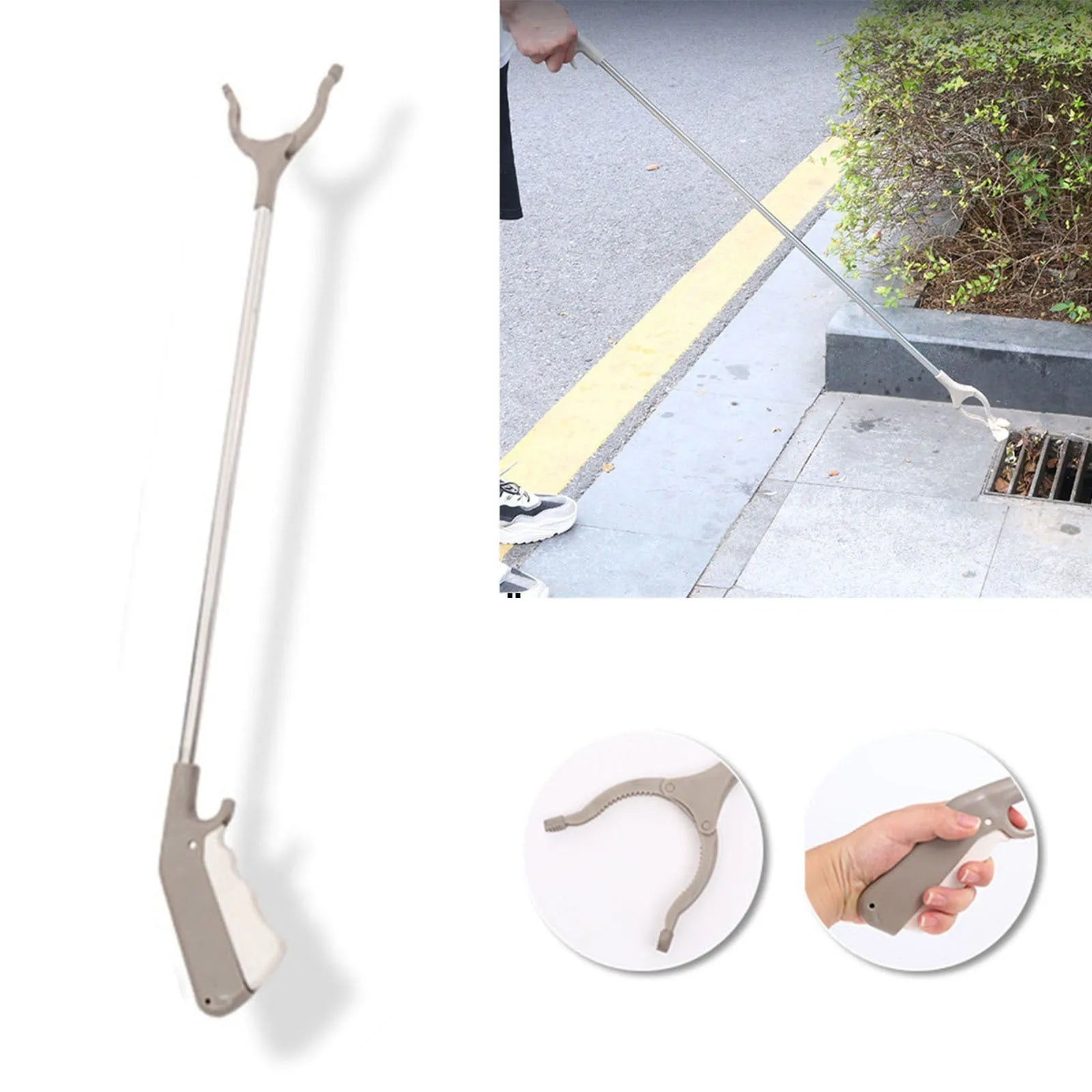 Stainless steel garbage picker pliers with 40cm extended shaft and push-type handle
