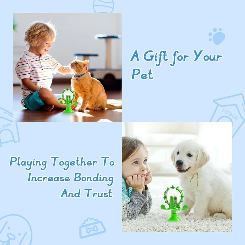 Interactive pet puzzle feeder with colourful spinner and suction cup base for cats and small dogs