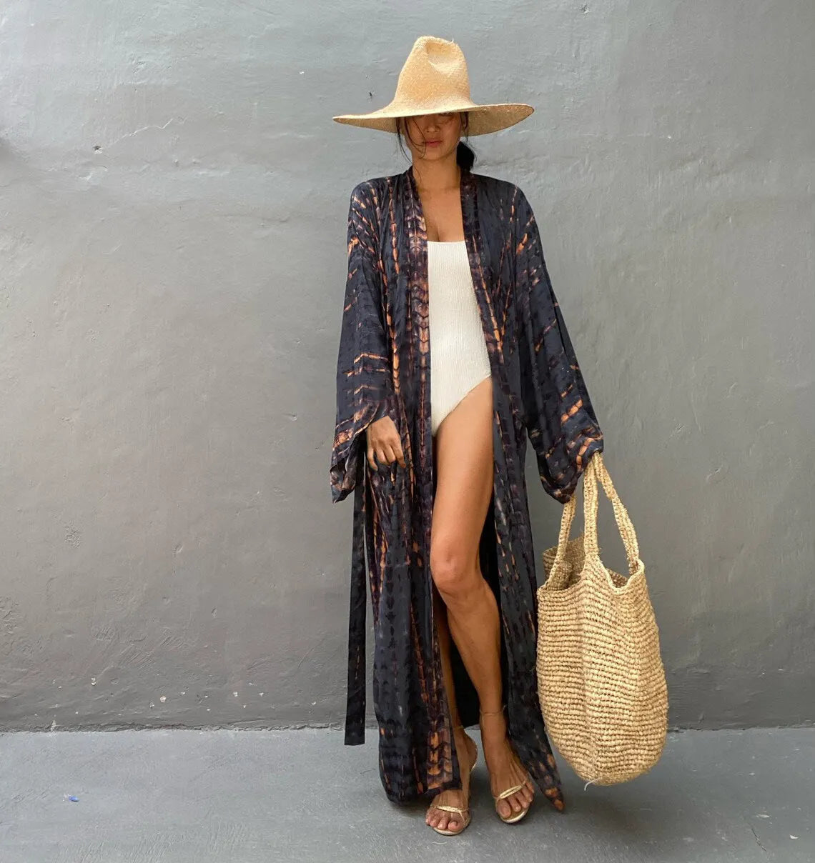 Women's printed cotton beach cover-up shirt in loose fit for sun protection over bikini.