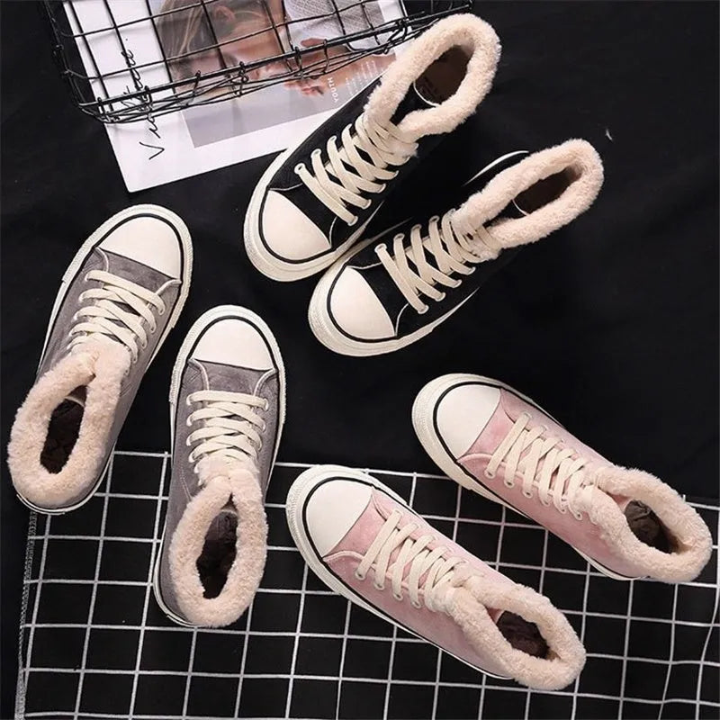 Women's canvas shoes with plush cotton padding in pink and black, sizes 35 to 41