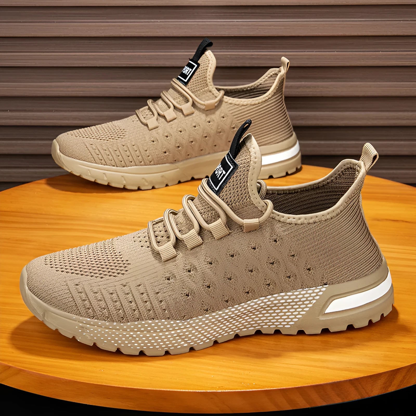 Men's solid colour casual mesh shoe in Army Green on a white background.