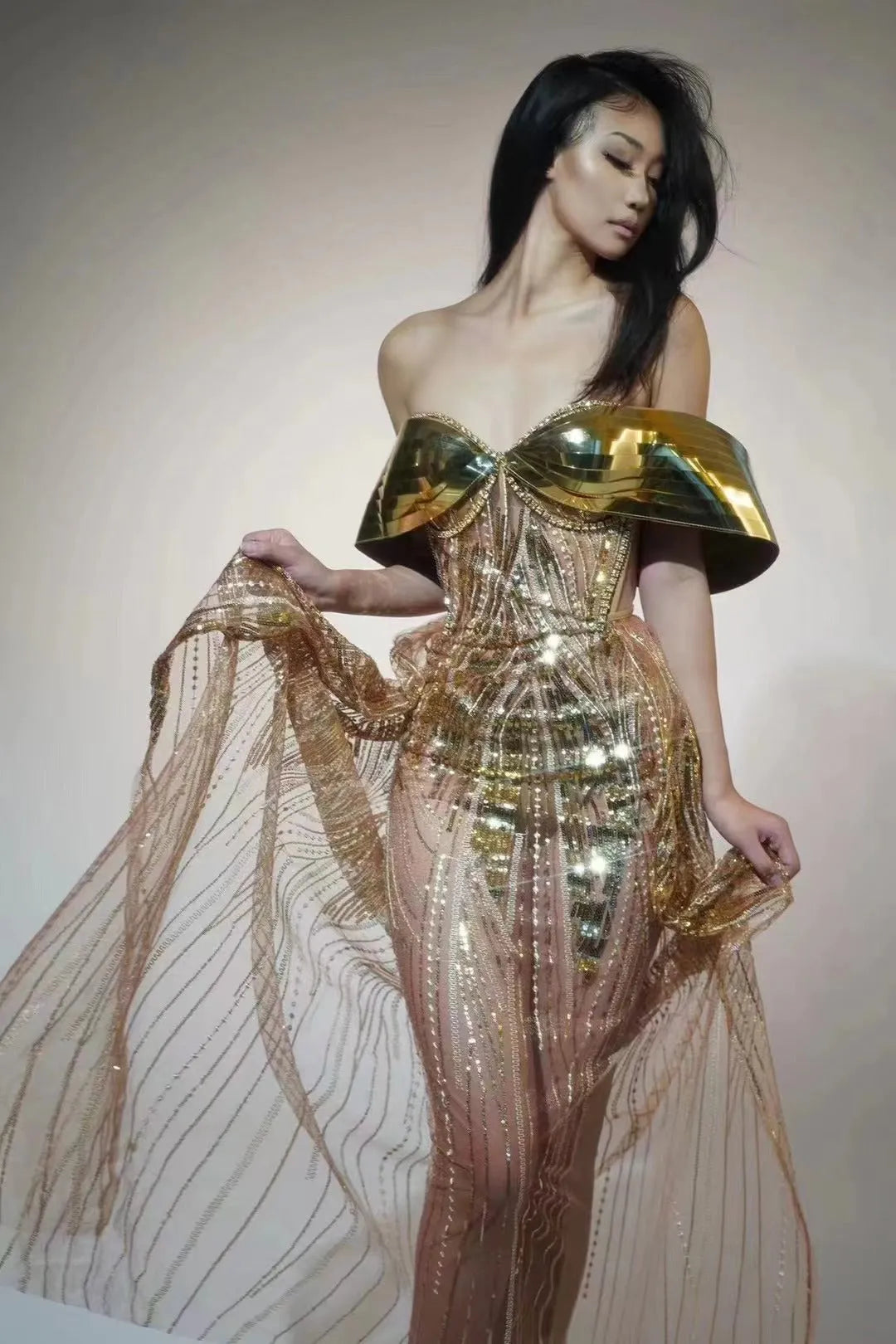 Gold strapless sequined dress with tulle skirt and thigh-high split for women's formal evening wear