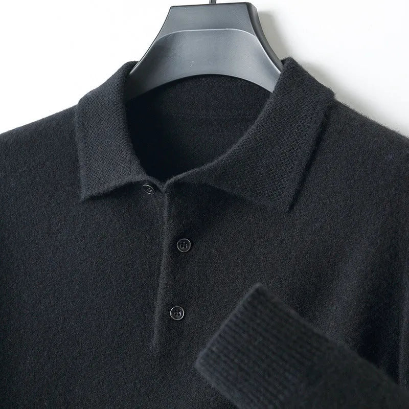 Men's grey wool pullover sweater with a polo collar and long sleeves laid flat.