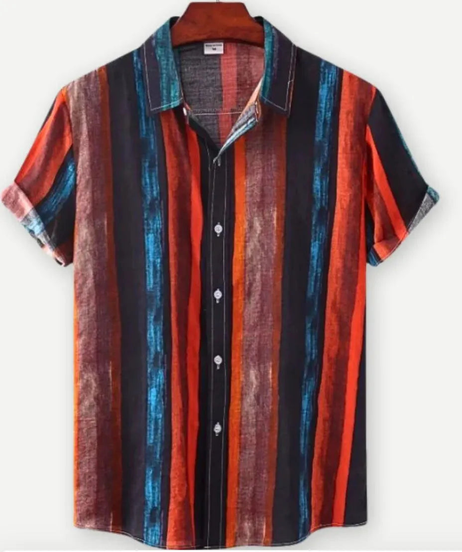 Man wearing a short sleeve Hawaiian print shirt with a floral lapel, made from elastic polyester fabric.
