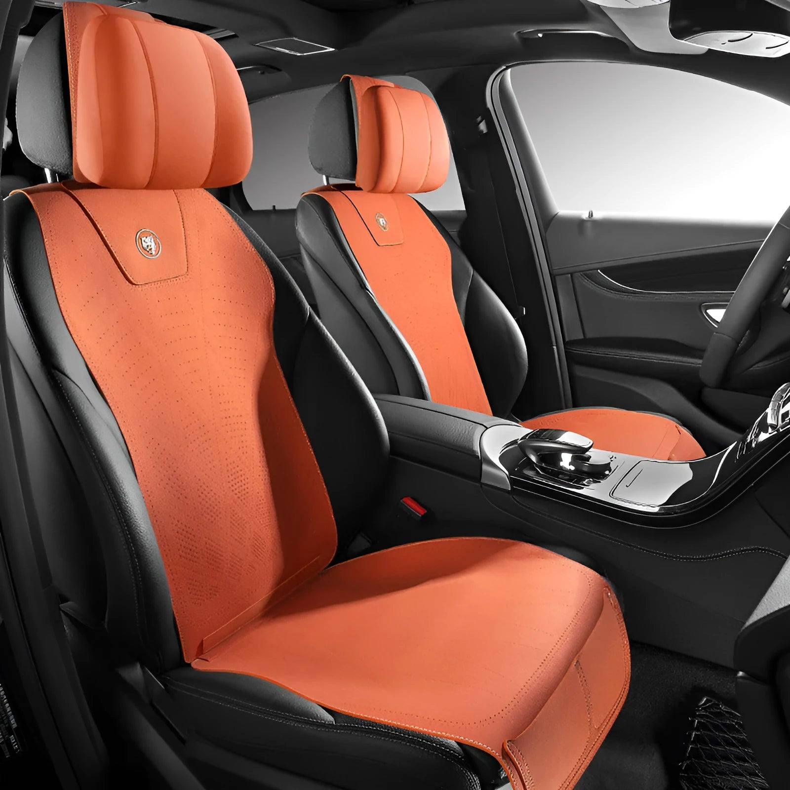 Tailored leather ultra thin car seat cover in Hermes orange colour with gradient hole pattern