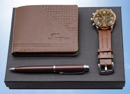 Creative holiday gift set showing wallet, pen and watch in modern simple gift box
