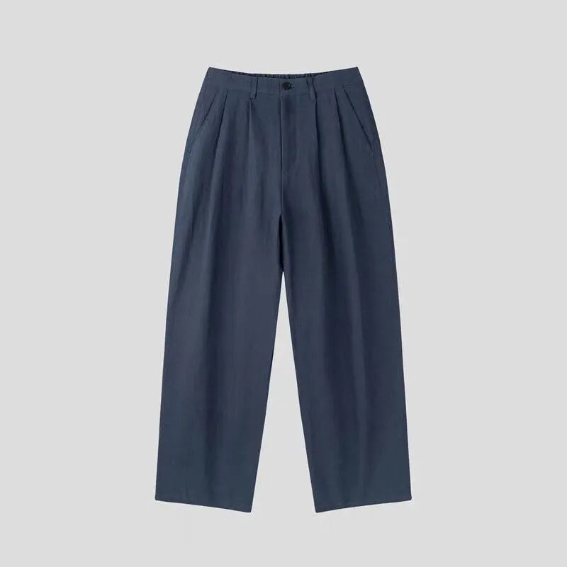 Men's cotton linen blend wide leg trousers in apricot, army green or purplish blue with micro-elastic waistband