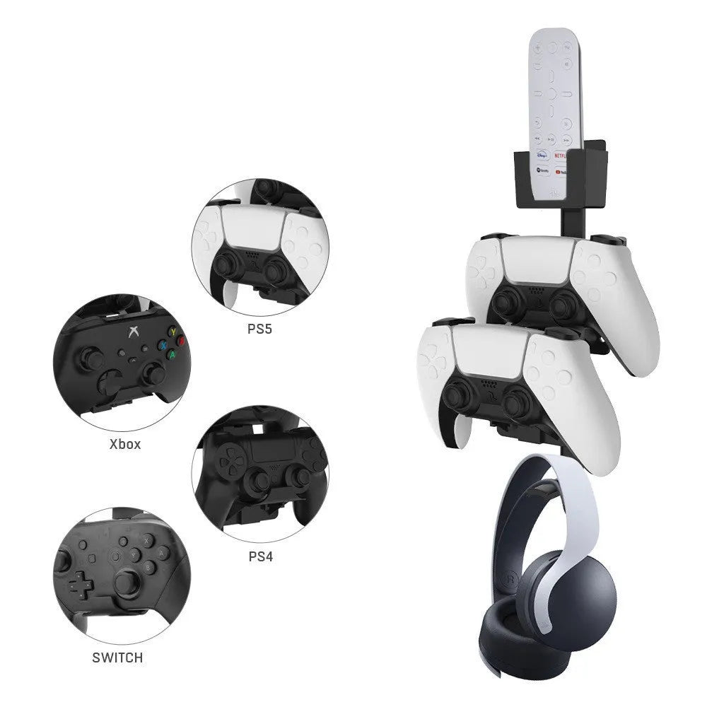 White wall-mounted storage hook holding a PS5 controller and a gaming headset.