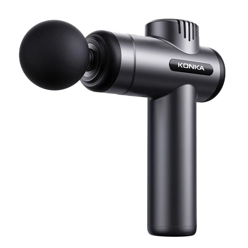 Konka V19 mini electric massage gun in grey colour with multiple massage heads on a red box.