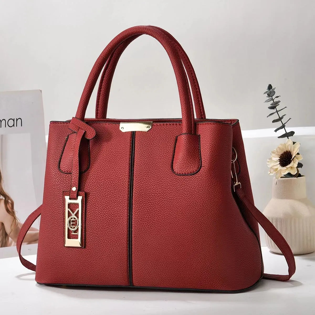Women's large capacity square shoulder bag in soft PU leather with leather strap