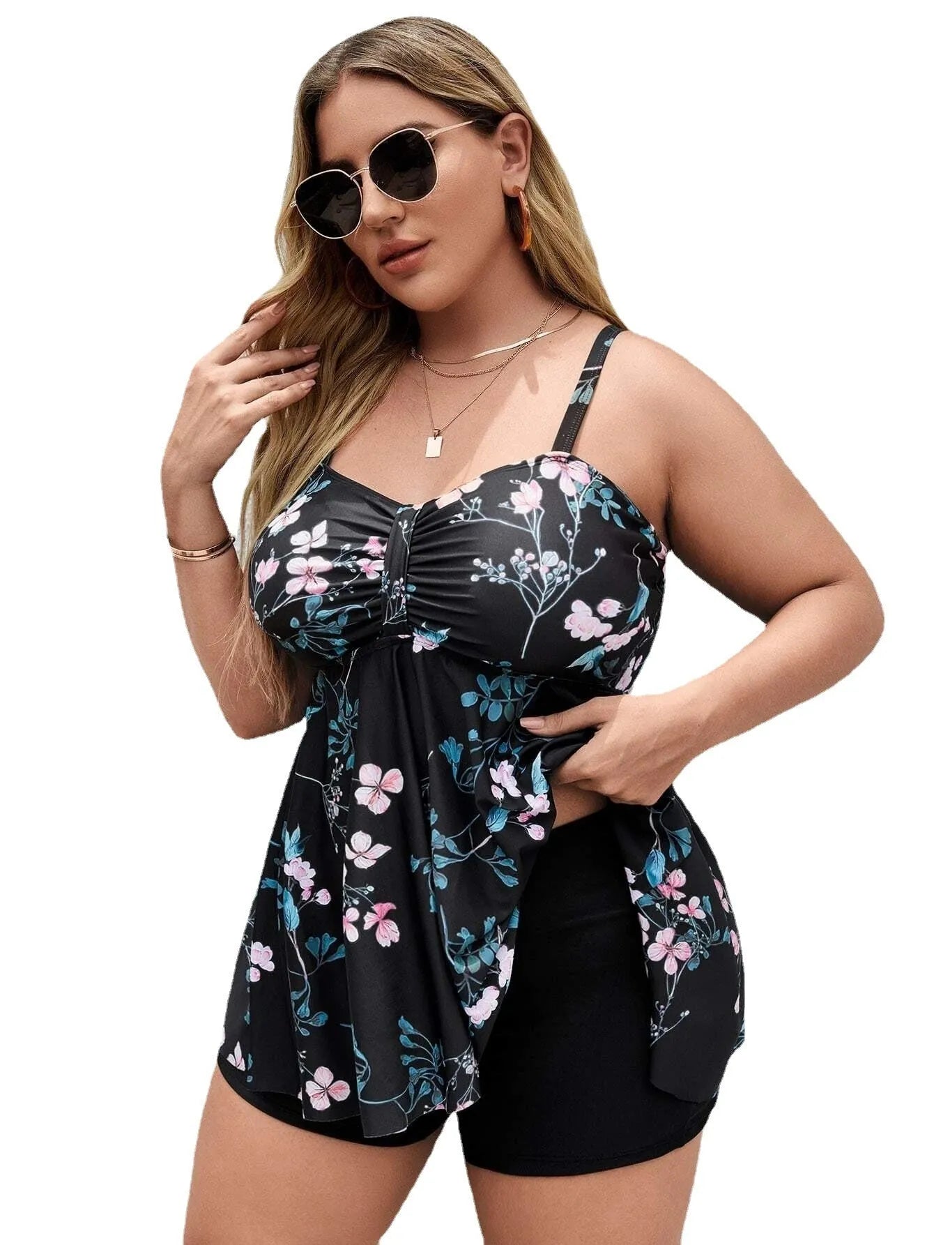 Women's floral print one-piece swimsuit with split colour design and high elasticity fabric