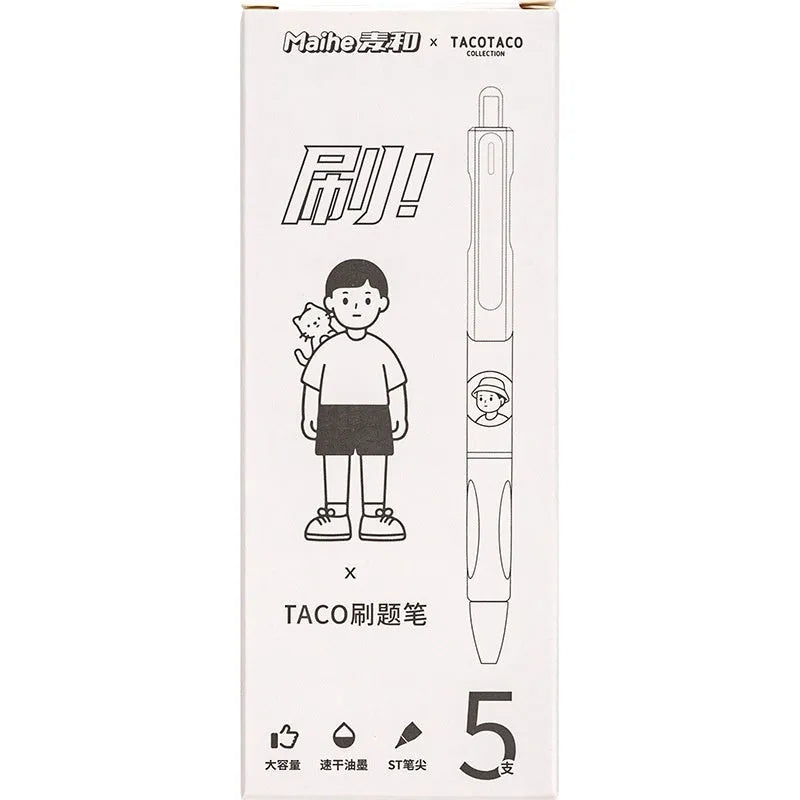 Five neutral colour ballpoint pens with 0.5mm black ink refills arranged together