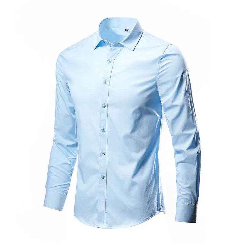 Men's loose fit long-sleeve linen shirt shown in multiple colours including black, white, and navy blue.