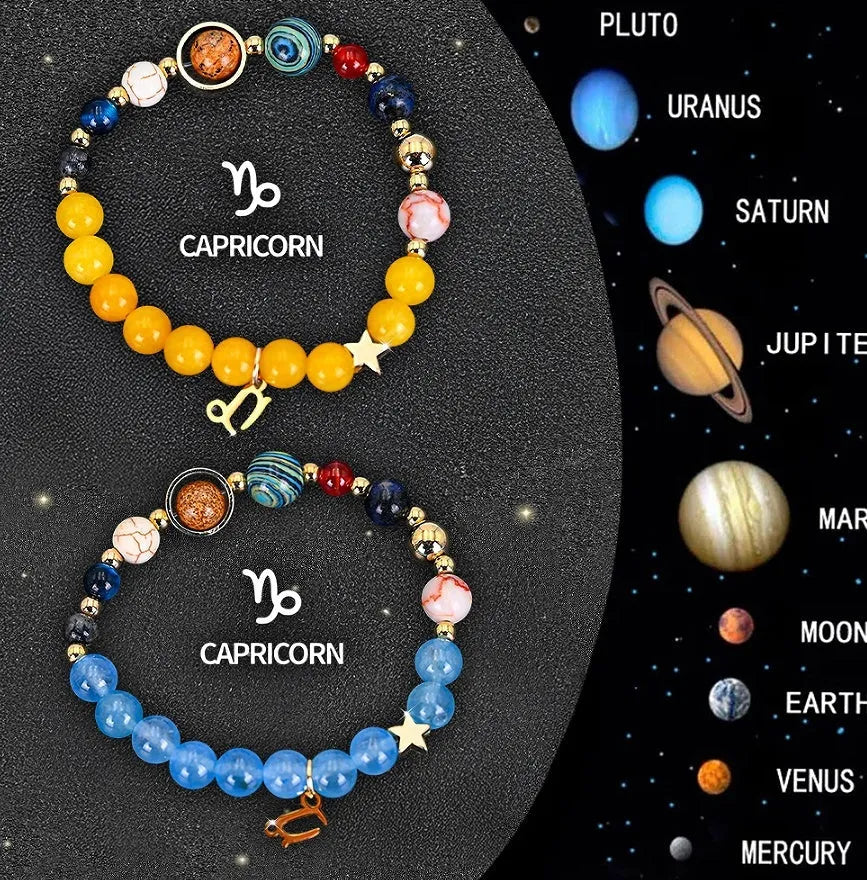 Set of two natural stone beaded bracelets representing zodiac signs from a twelve-style collection.