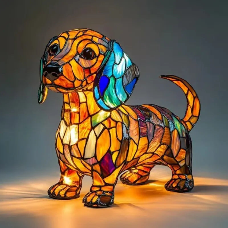 Colourful resin dog lamp decoration in pug shape, button battery powered, on a shelf