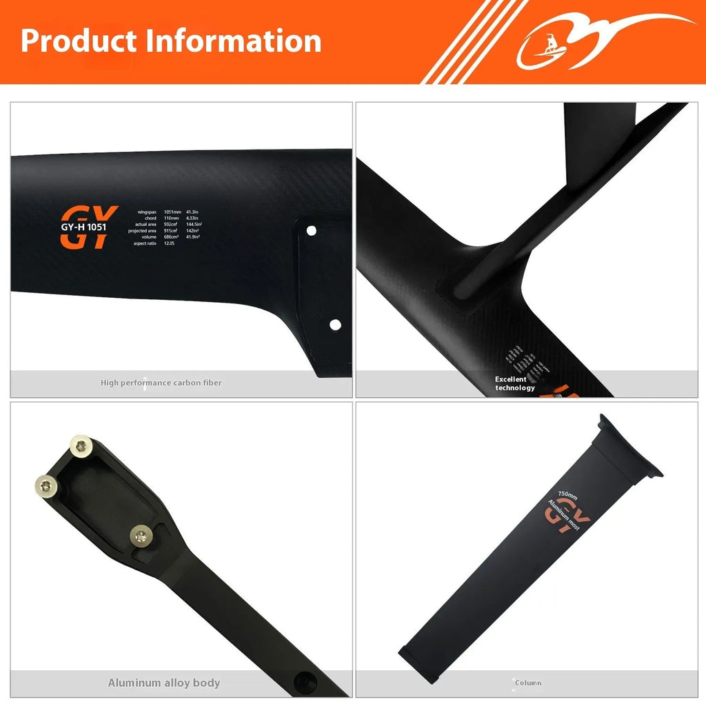 Black carbon fibre surfing hydrofoil with aluminium alloy components and 1051mm front wing