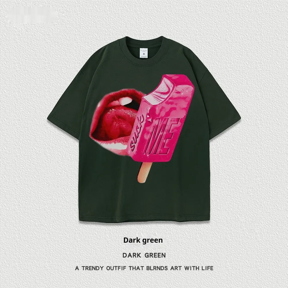 A loose-fit, heavy washed short-sleeved streetwear T-shirt on a hanger.