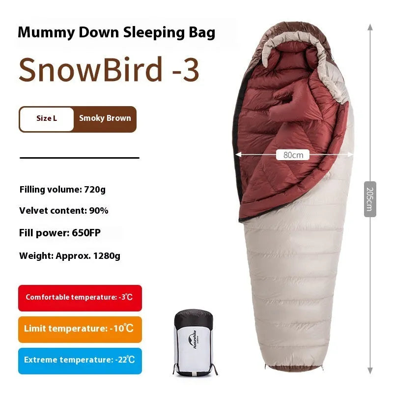 Goose down mummy-style sleeping bag in a storage bag, showing size and fill weight options.
