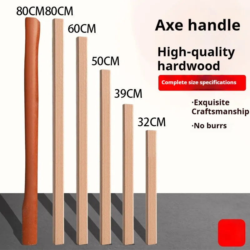 A selection of square-profile locust wood handles for axes, sickles, and a hoof hoe in various lengths.