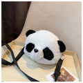 Plush panda head crossbody bag showing cylindrical shape and sandwich pocket organisation
