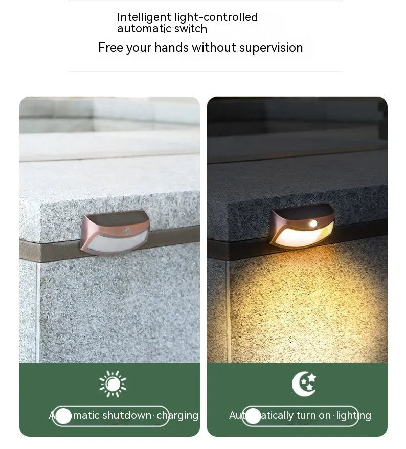 Solar-powered outdoor wall lamp with a smiling face design in warm or white light.
