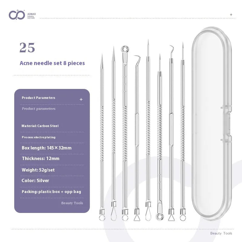 Set of four silver metal acne needles with pointed tips on a white background.