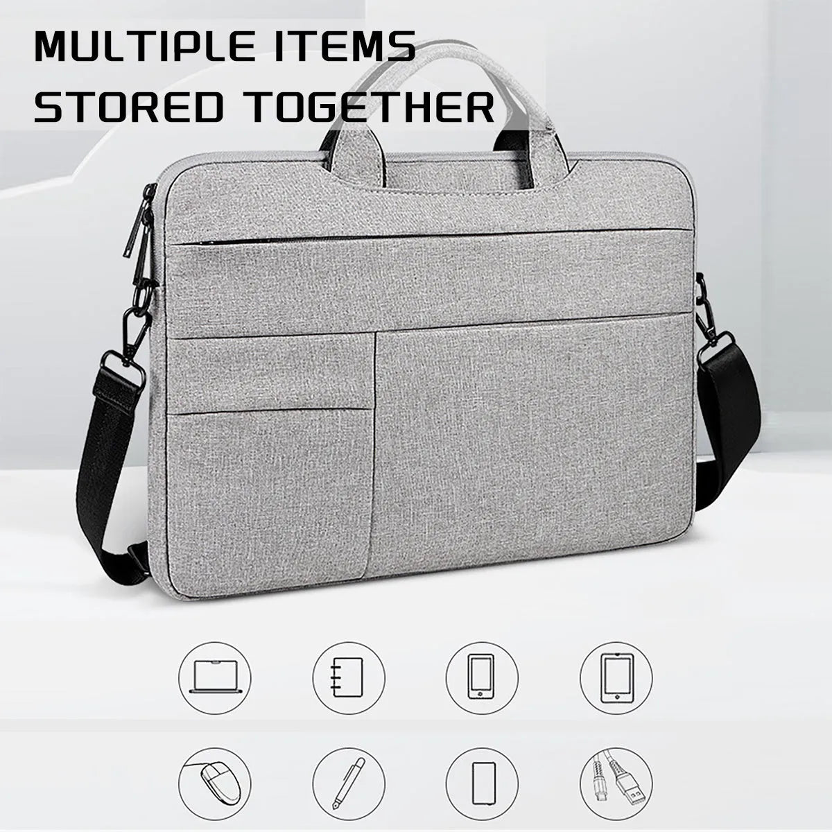 Water-repellent laptop carrying case in Black, with luggage strap and shoulder strap, for 13.3 to 15.6 inch laptops.