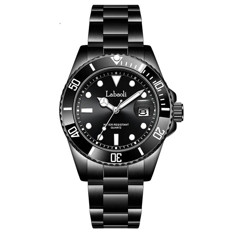 Men's waterproof quartz watch with 14mm thickness, business style, available in black and gold shell colour options