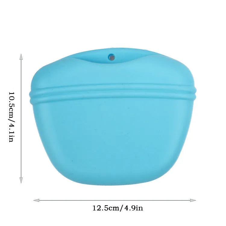 Coloured silicone dog treat bag with clip and magnetic opening, shown with dog training treats.