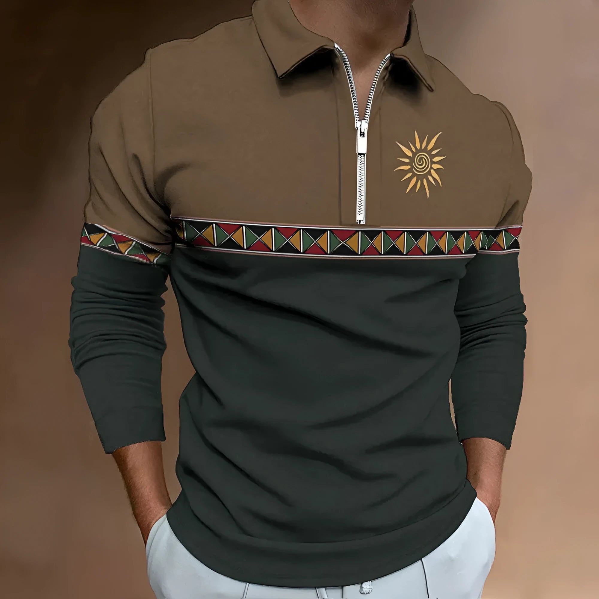 Man wearing a loose-fit long sleeve t-shirt with retro stripe print and zipper details, suitable for golf.