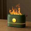 Black USB desktop humidifier with simulation flame light effect and water vapour mist.