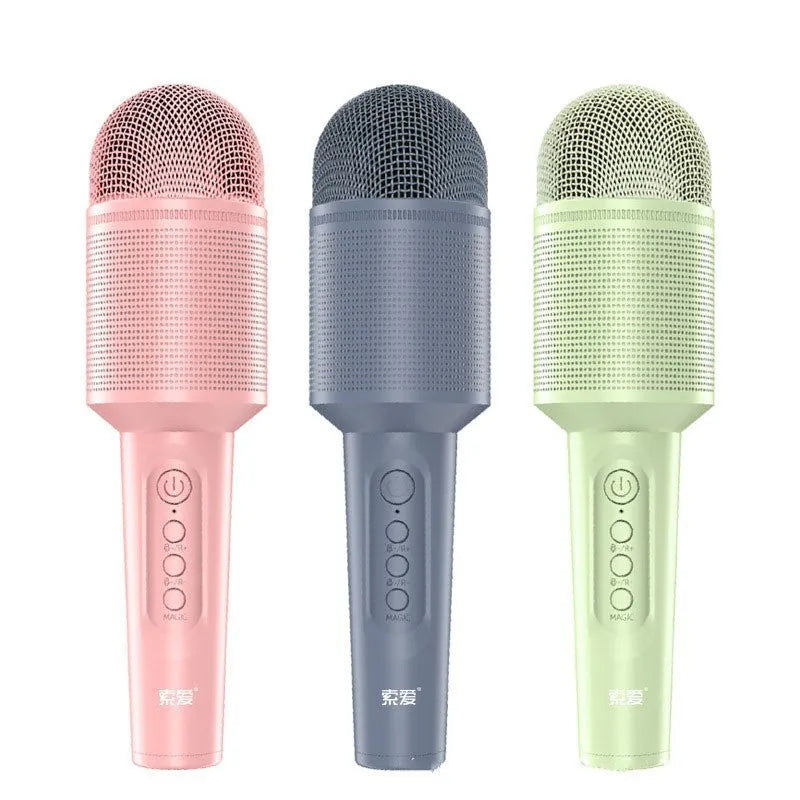 Wireless Bluetooth karaoke microphone with USB recording in pink, blue, or green colour