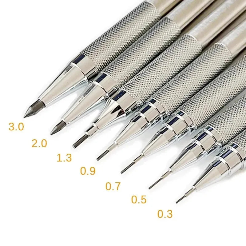 Metal automatic mechanical pencil with various lead specifications displayed