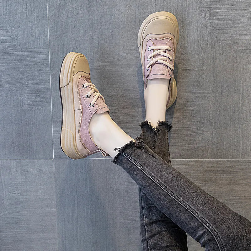 Women's leather platform sneakers in matcha green, purple, or orange with round toe and lace-up front.