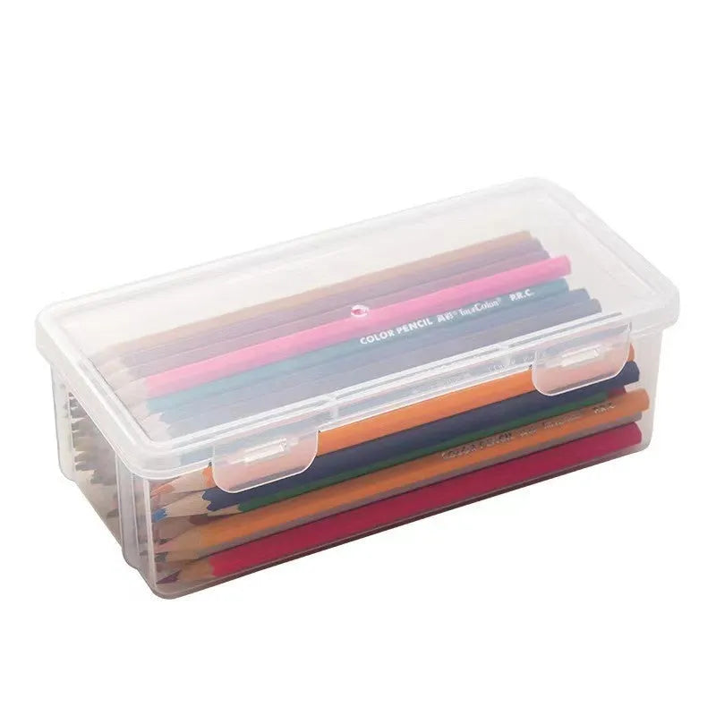 Clear plastic large capacity pencil storage box filled with coloured pencils and art supplies